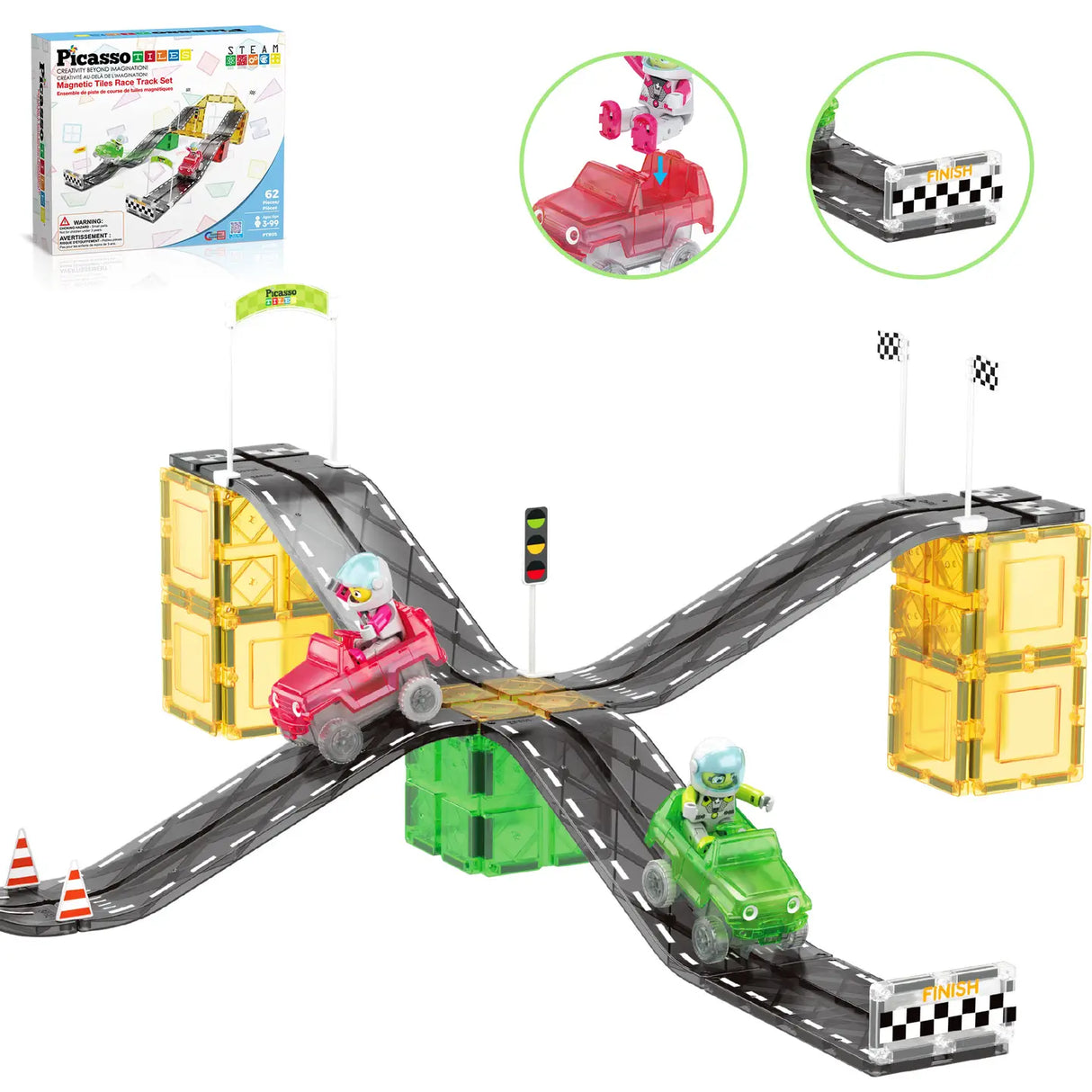PicassoTiles Race Car Track Slider Racing Building Set 62pc