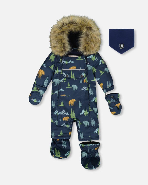 Deux Par Deux One-Piece Baby Play Snowsuit Designed For Car Seat Navy Animal Print
