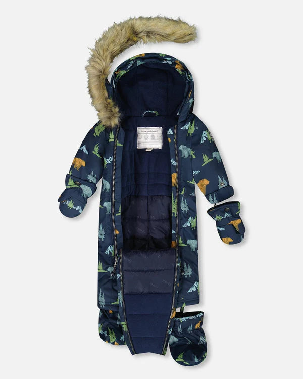 Deux Par Deux One-Piece Baby Play Snowsuit Designed For Car Seat Navy Animal Print