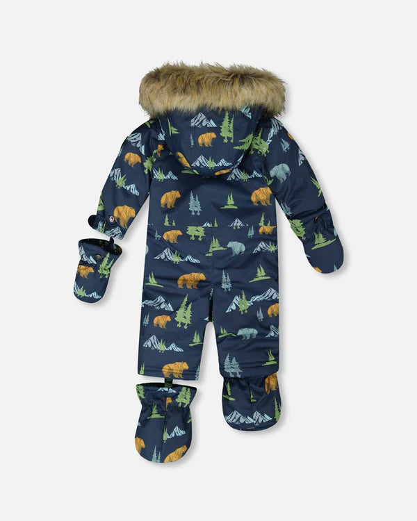 Deux Par Deux One-Piece Baby Play Snowsuit Designed For Car Seat Navy Animal Print