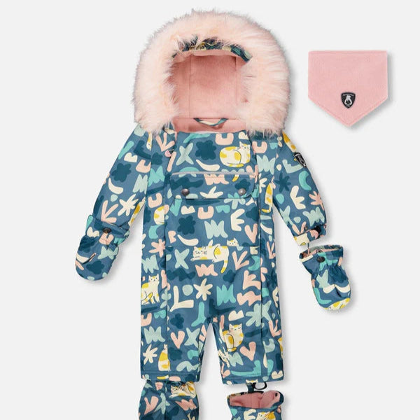 Deux Par Deux One-Piece Baby Play Snowsuit Designed For Car Seat Green Cat Print