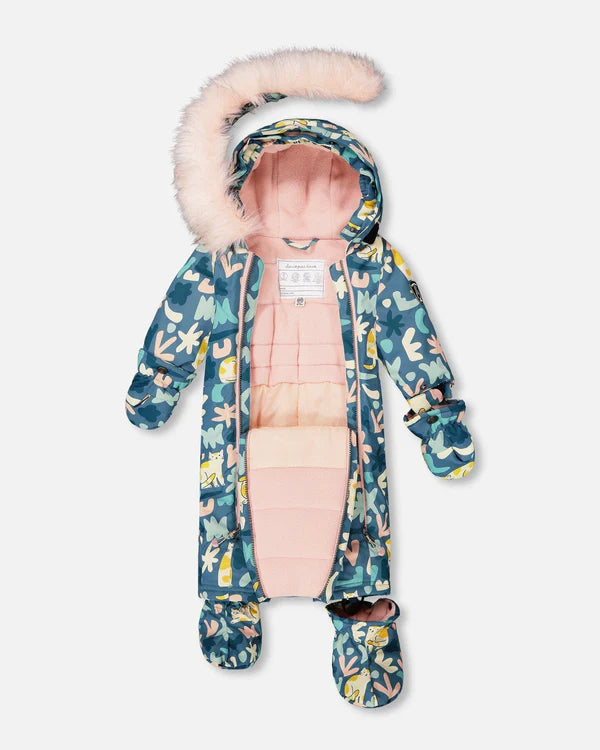 Deux Par Deux One-Piece Baby Play Snowsuit Designed For Car Seat Green Cat Print
