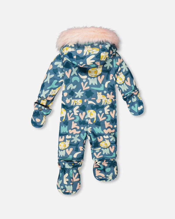 Deux Par Deux One-Piece Baby Play Snowsuit Designed For Car Seat Green Cat Print