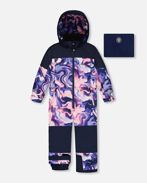 Deux Par Deux One-Piece Teknik Snowsuit Pink And Blue Marble