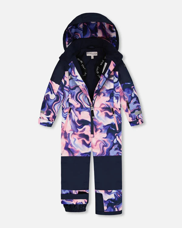 Deux Par Deux One-Piece Teknik Snowsuit Pink And Blue Marble