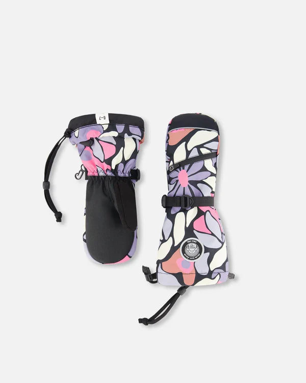 Deux Par Deux Winter Mittens Teknik Black Retro Flower Print