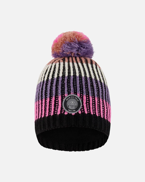 Deux Par Deux Lined Knit Pompom Hat Pink And Purple And Black