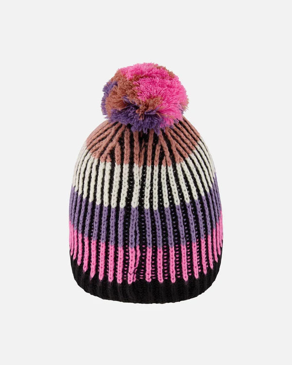 Deux Par Deux Lined Knit Pompom Hat Pink And Purple And Black