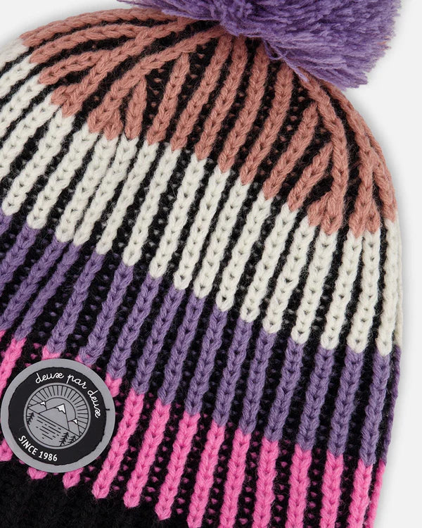 Deux Par Deux Lined Knit Pompom Hat Pink And Purple And Black