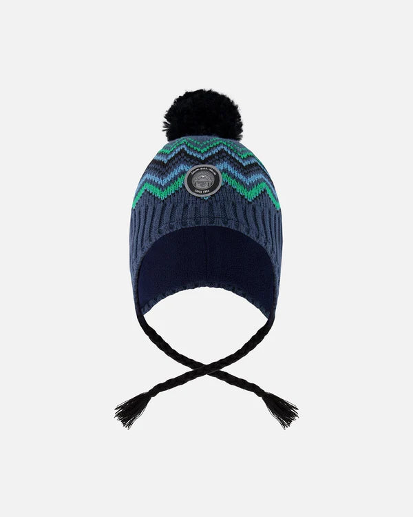 Deux Par Deux Lined Peruvian Knit Pompom Hat Blue And Green