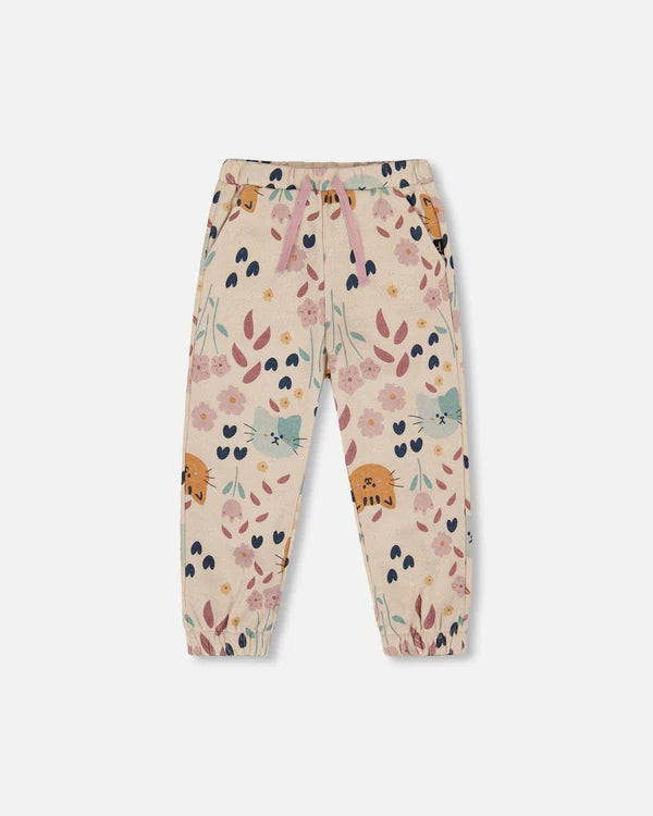 deux par deux Glittering French Terry Sweatpant - Beige Cat Print