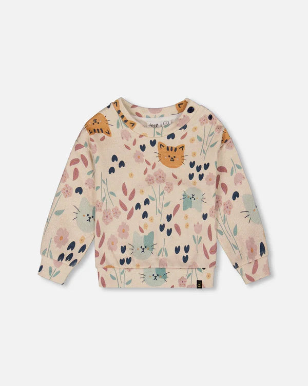 deux par deux Glittering French Terry Sweatshirt - Beige Cat Print