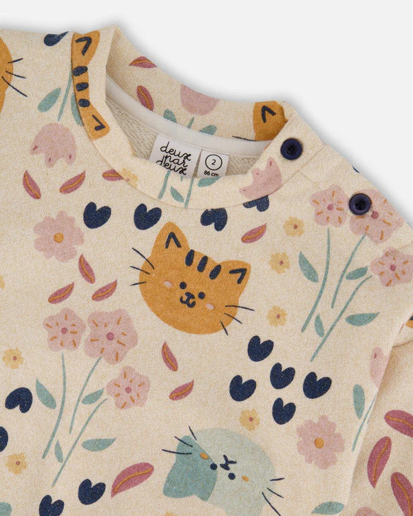 deux par deux Glittering French Terry Sweatshirt - Beige Cat Print