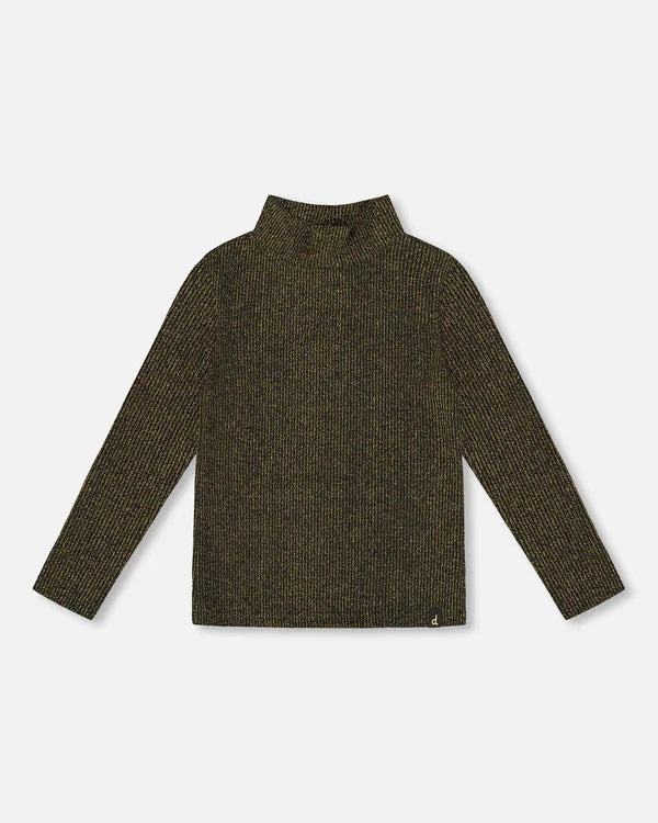 deux par deux Shiny Rib Mock Neck Top Black And Gold