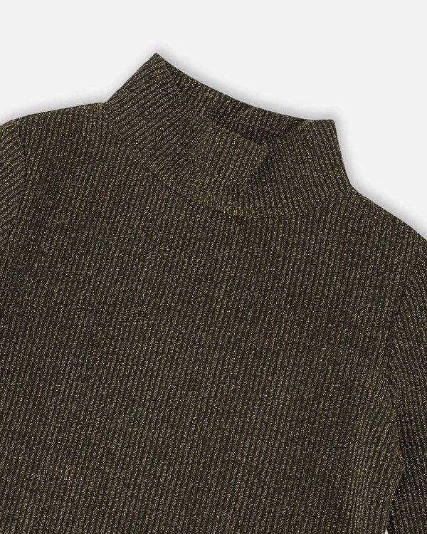 deux par deux Shiny Rib Mock Neck Top Black And Gold