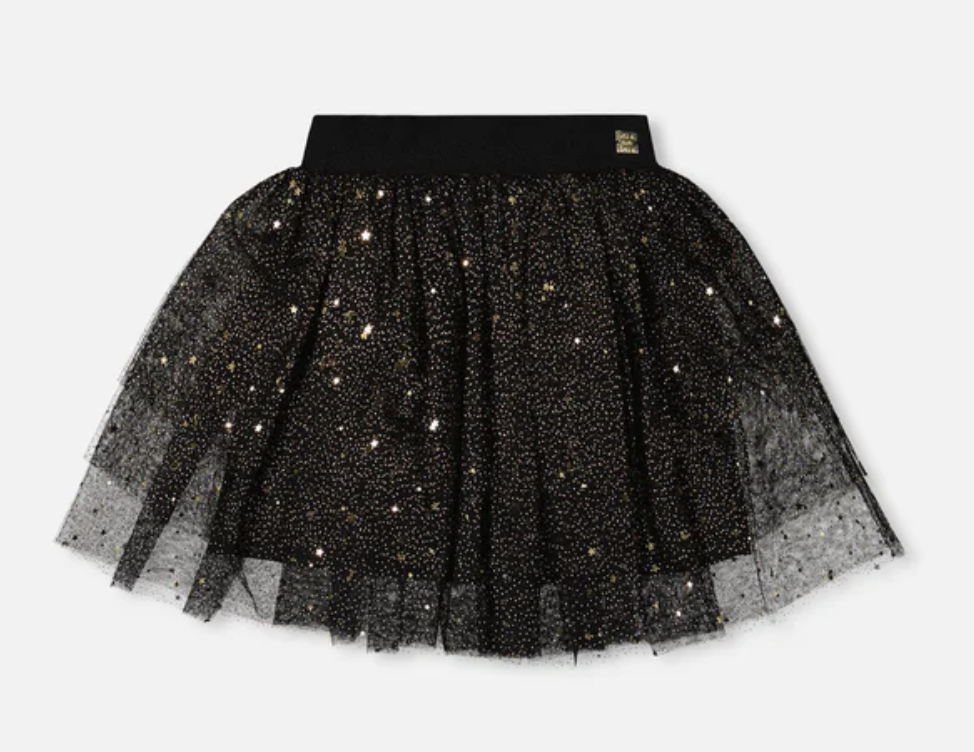 Deux Par Deux Multi Layer Glittering Mesh Skirt Black