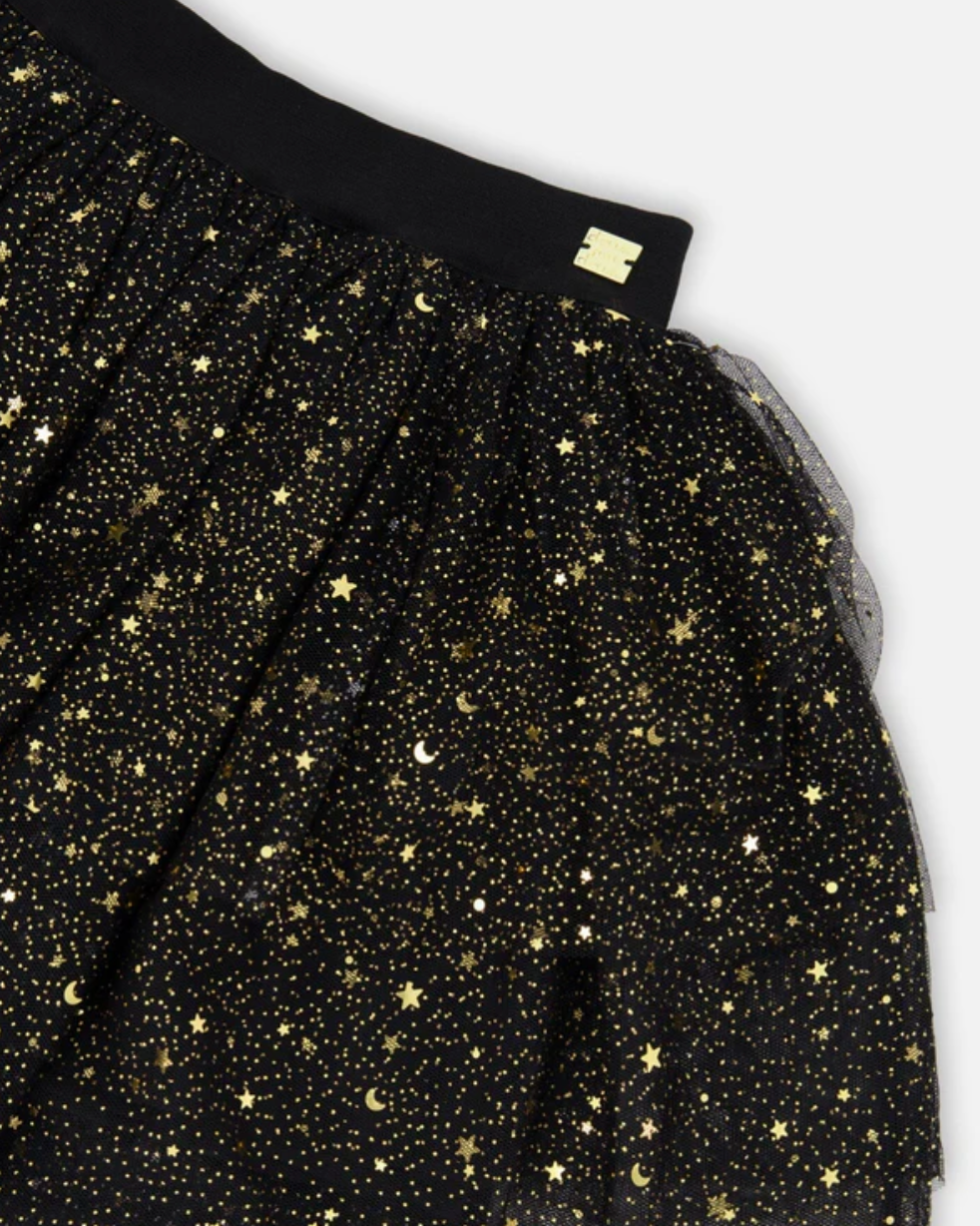 Deux Par Deux Multi Layer Glittering Mesh Skirt Black