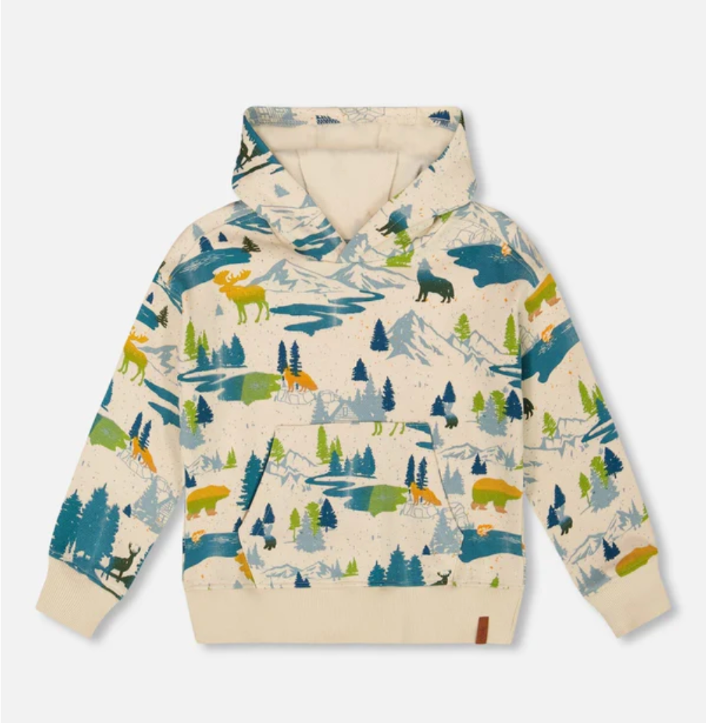 Deux Par Deux Printed Hooded Fleece Sweatshirt Beige