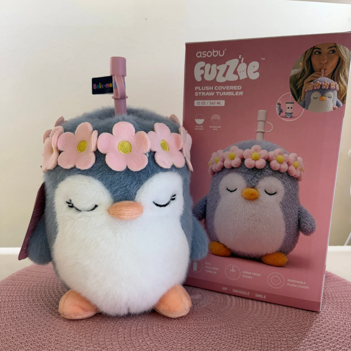 Asobu Fuzzie Plush Covered Straw Tumbler - Flora the Penguin