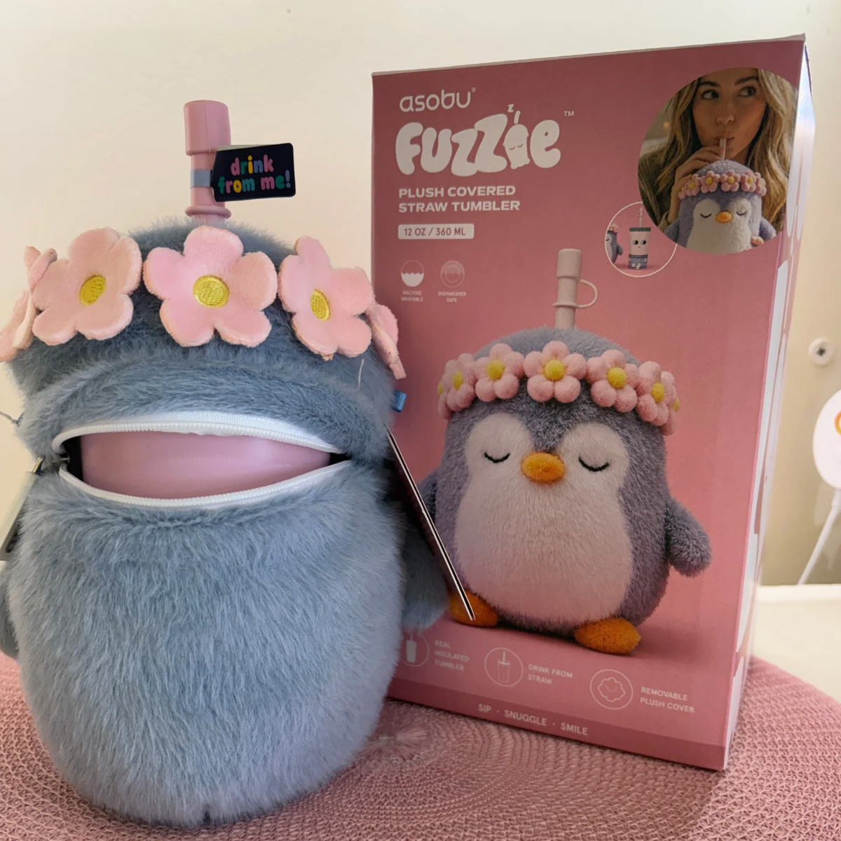 Asobu Fuzzie Plush Covered Straw Tumbler - Flora the Penguin