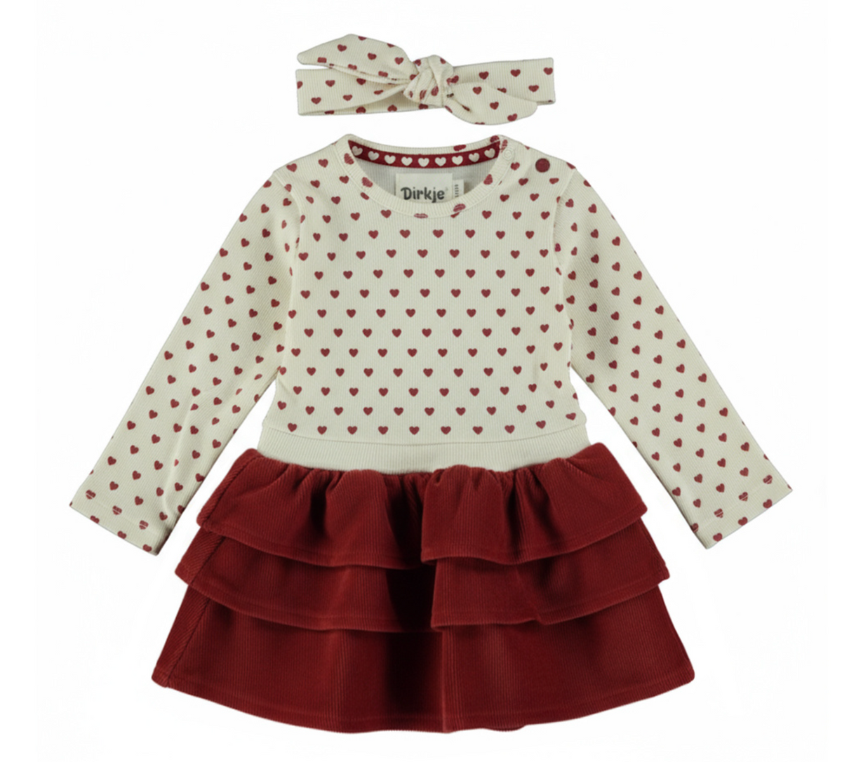 Dirkje Girls’ Set - Off-White and Red Dress, Hairband with Hearts