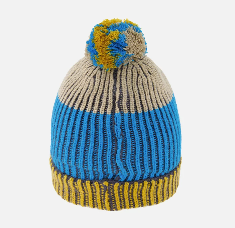 Deux Par Deux Winter Knit Hat with Pompom - Blue and Yellow