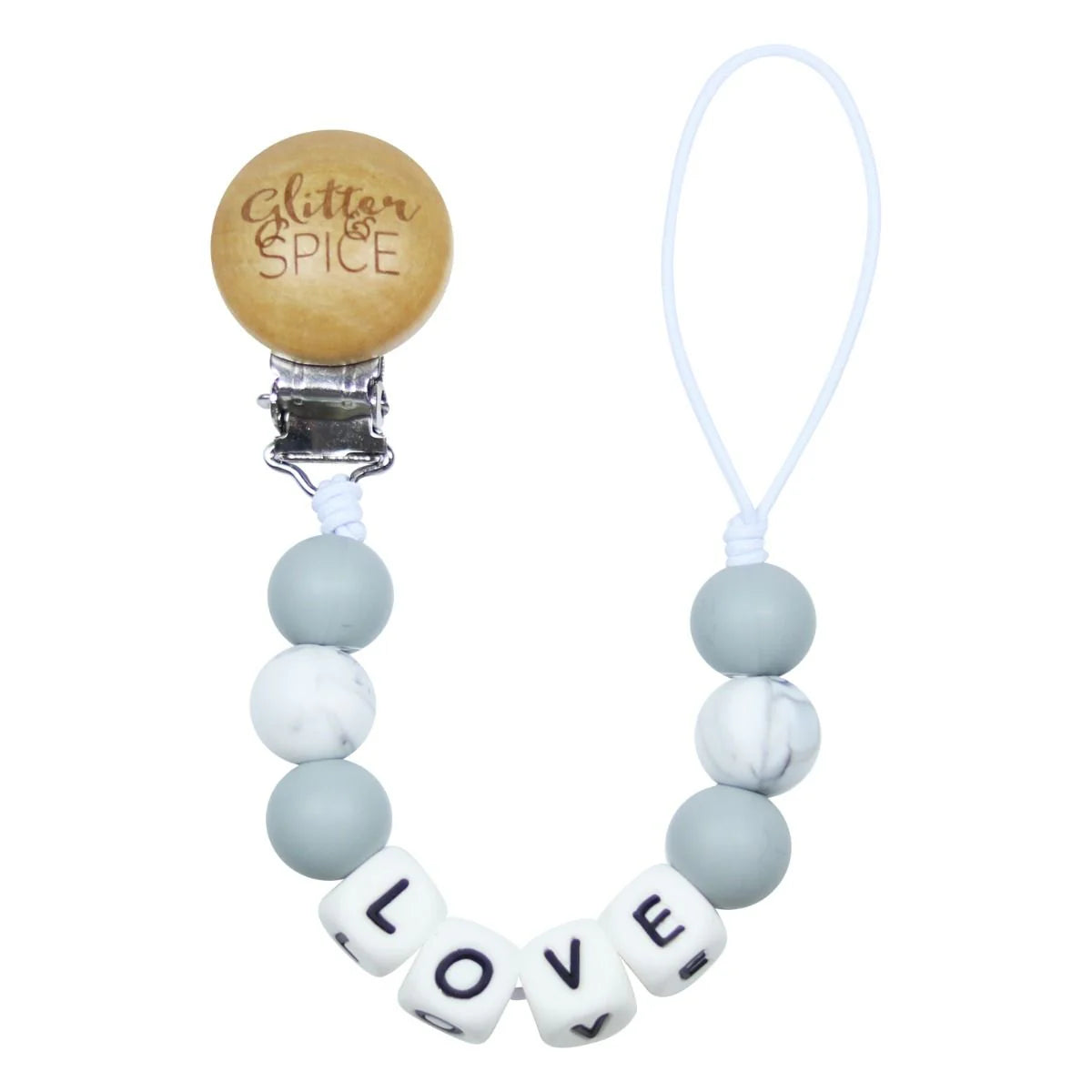 Glitter & Spice Pacifier Clip - Love (Blue)