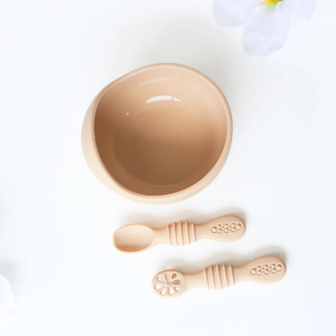 Suction Bowl & Training Spoons - Almond