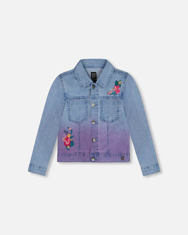 Deux Par Deux Denim Jacket With Embroidery Floral Jeans Blue