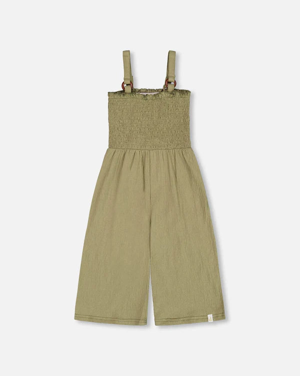 Deux Par Deux Smocked Crinkle Jersey Jumpsuit - Oil Green