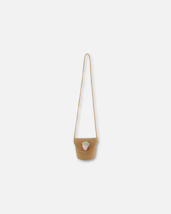 Deux Par Deux Straw Crossbody Purse Adorned With A Strawberry
