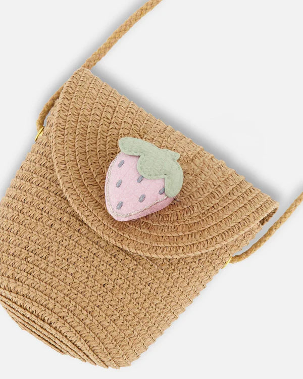 Deux Par Deux Straw Crossbody Purse Adorned With A Strawberry