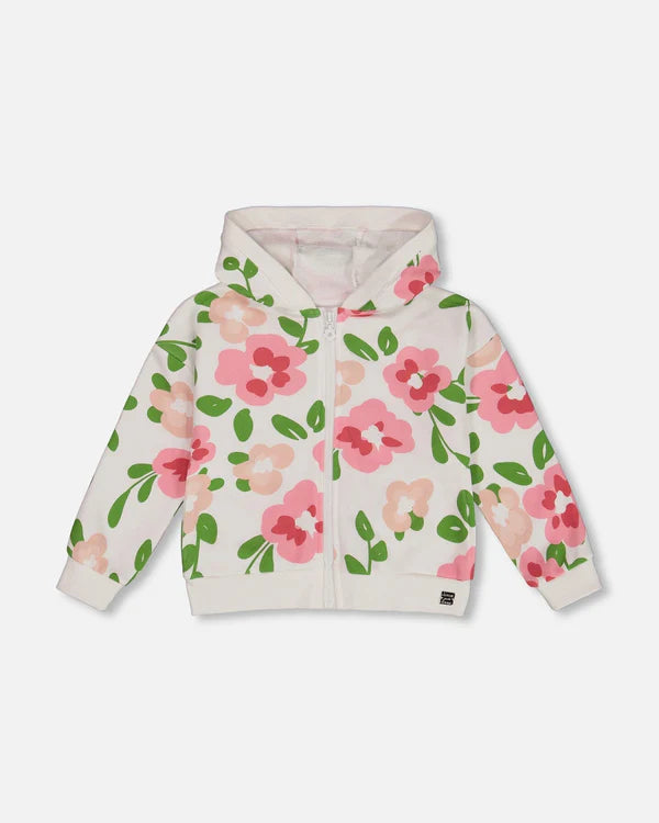 Deux Par Deux Printed French Terry Hoodie Cardigan Pink Flowers
