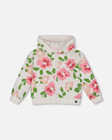 Deux Par Deux Printed French Terry Hoodie Cardigan Pink Flowers