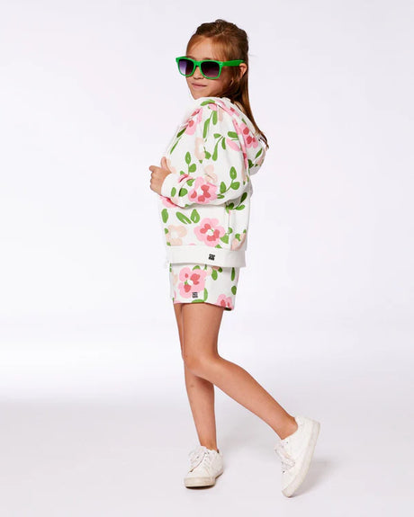 Deux Par Deux Printed French Terry Hoodie Cardigan Pink Flowers