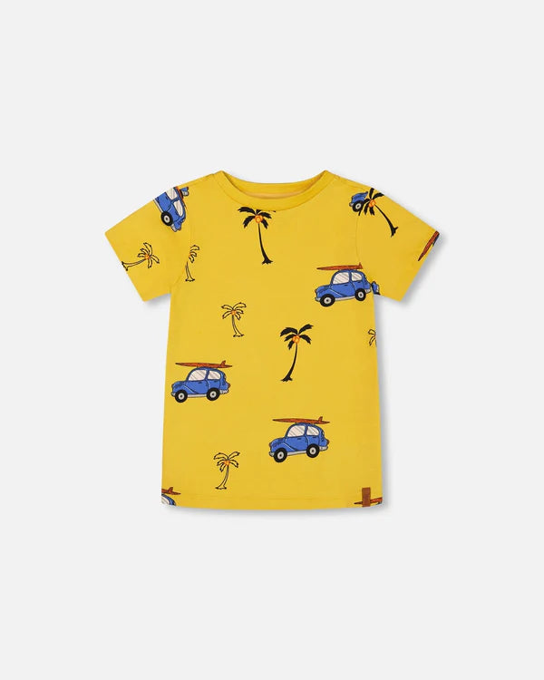 Deux Par Deux Printed Organic Cotton Tee Yellow And Blue Car