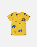 Deux Par Deux Printed Organic Cotton Tee Yellow And Blue Car