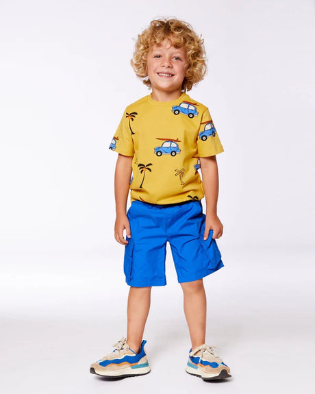 Deux Par Deux Printed Organic Cotton Tee Yellow And Blue Car