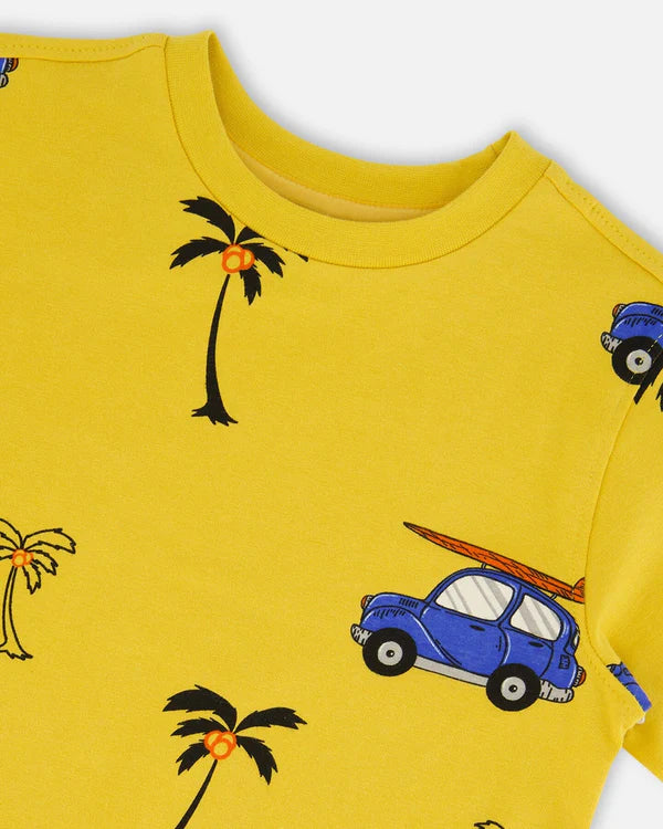 Deux Par Deux Printed Organic Cotton Tee Yellow And Blue Car