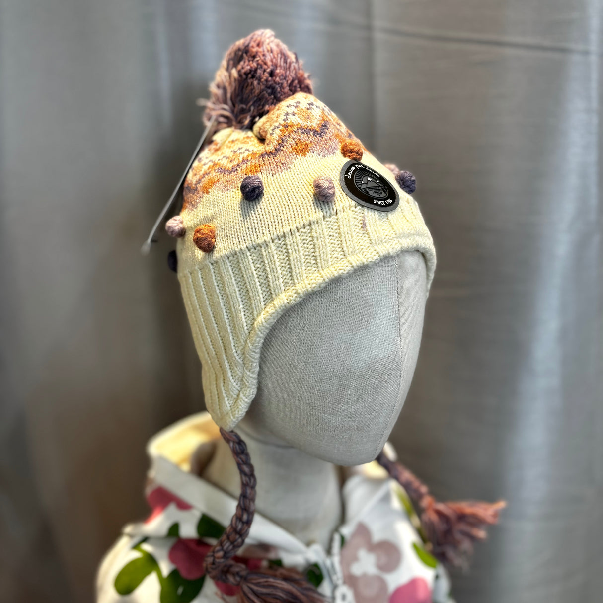 Deux Par Deux Lined Knit Pompom Hat Off White Jacquard