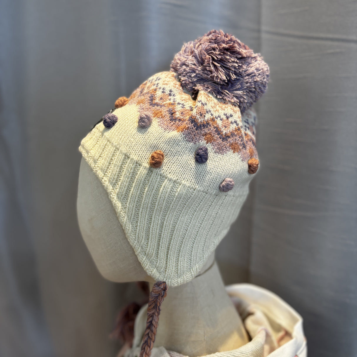 Deux Par Deux Lined Knit Pompom Hat Off White Jacquard