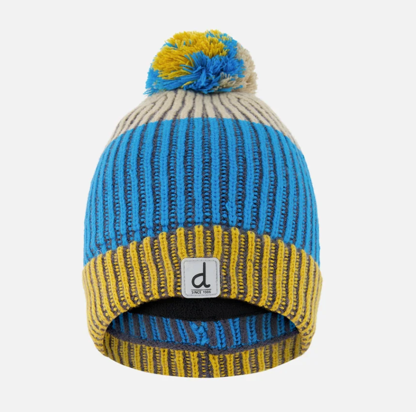 Deux Par Deux Winter Knit Hat with Pompom - Blue and Yellow