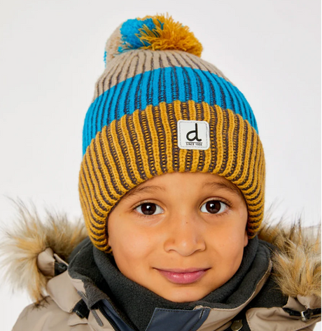 Deux Par Deux Winter Knit Hat with Pompom - Blue and Yellow
