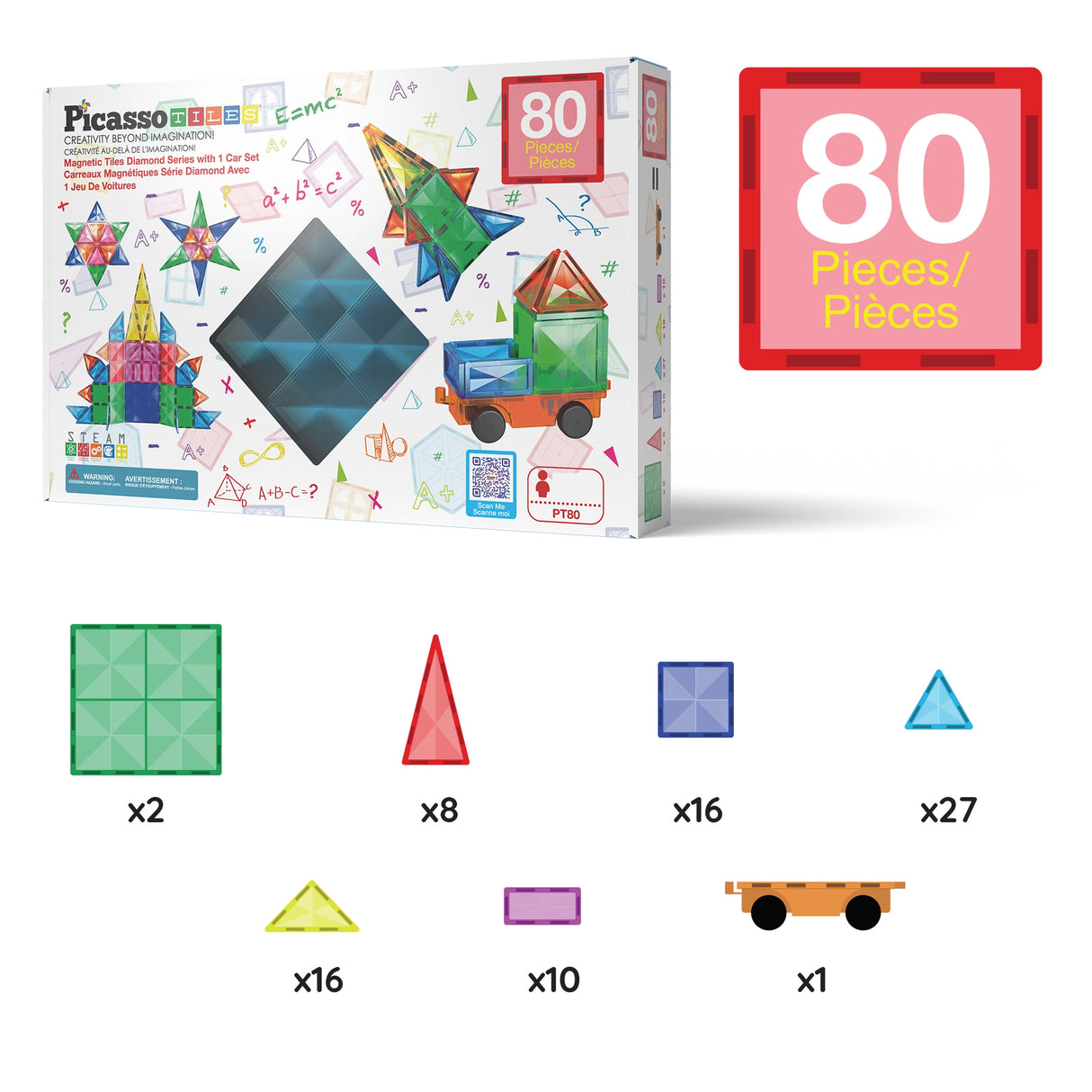PicassoTiles Magnetic Tile Building Set 80pc