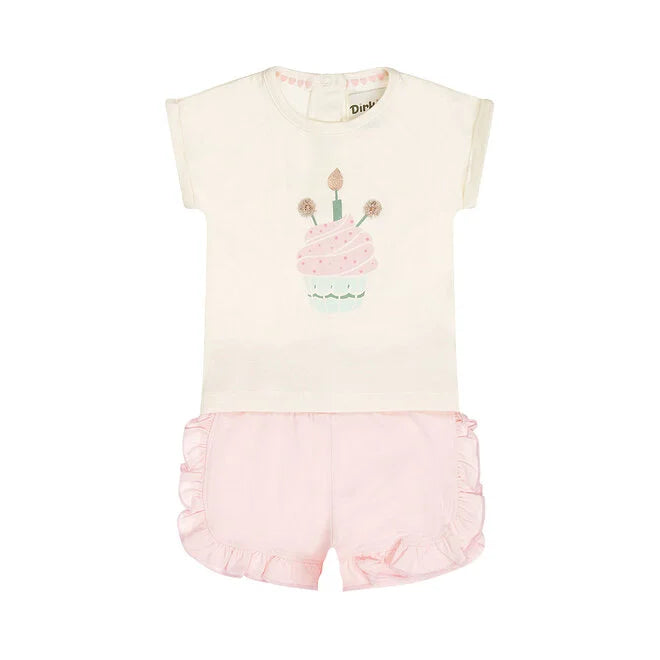 Dirkje Girls' Co-Ord Set Shirt Shorts Light Pink Off-White