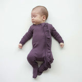 Ribbed Ruffle Zipper Footie in Currant