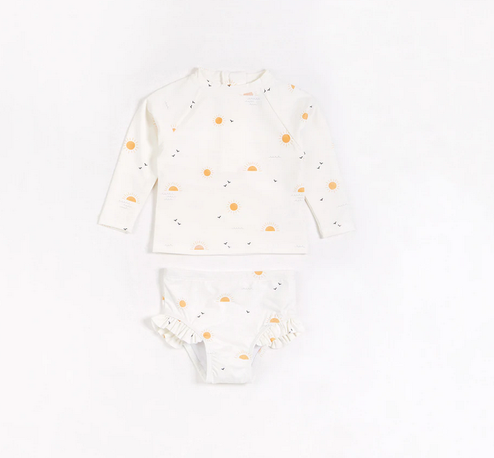 Petit lem Sunrise Print on Off-White Ruffle-trimmed Swim Set (2 pcs.)